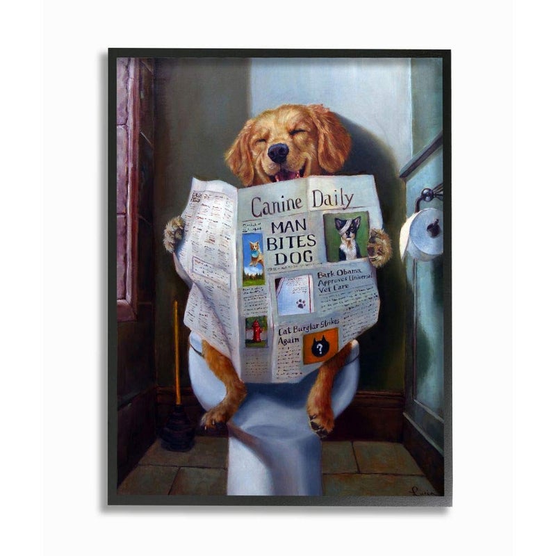 Stupell Industries Dog Reading the Newspaper On Toilet Funny Painting Framed Giclee Art By Lucia Heffernan, Black Framed 11 x 14 - Image 1